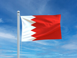 Bahrain national flag waving proudly against a bright blue sky, symbolizing unity, national pride, and cultural identity through its red field and white serrated band.