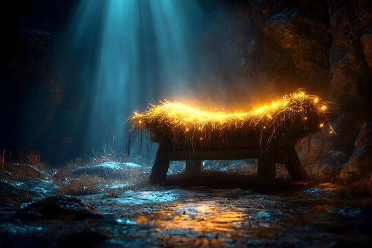 A symbolic digital artwork of an empty manger glowing under heavenly light, representing the nativity of Jesus.