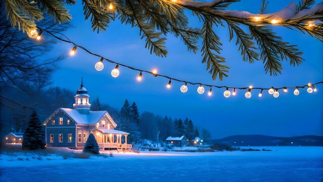 ultra-realistic Christmas garland lights glowing with layered reflections, fine bokeh depth and crystal-sharp focus transitions over dark blue background, cinematic festive illumination, HDR tone mapp