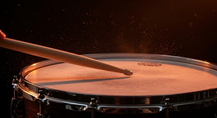 Obraz premium A drumstick strikes a drum, creating a dynamic and vibrant visual of sound and percussion on dark background.
