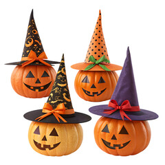Jack-o'-lanterns with Witch Hats: Festive Halloween Decor on transparent background