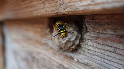 A yellow and black wasp inspects its small papery nest attached to weathered wooden beams