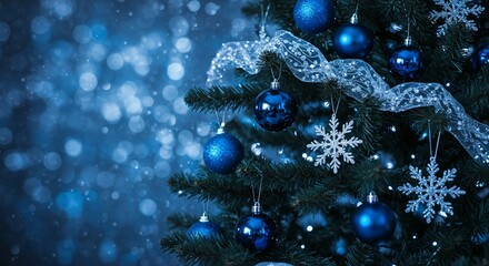 Fototapeta premium Festive Christmas tree adorned with glittering blue ornaments, shimmering snowflakes, and a delicate ribbon, set against a bokeh background.