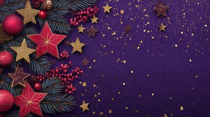 Festive purple christmas background with stars berries and evergreen branches