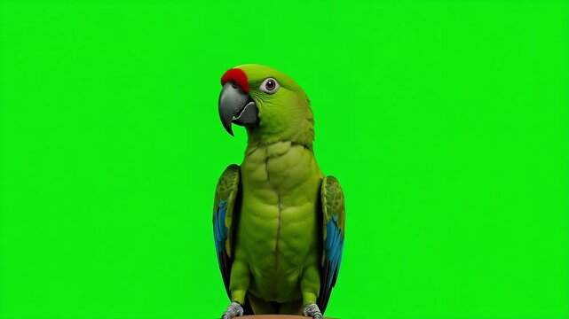 Vibrant green parrot with red head marking poses on a perch against a green screen backdrop