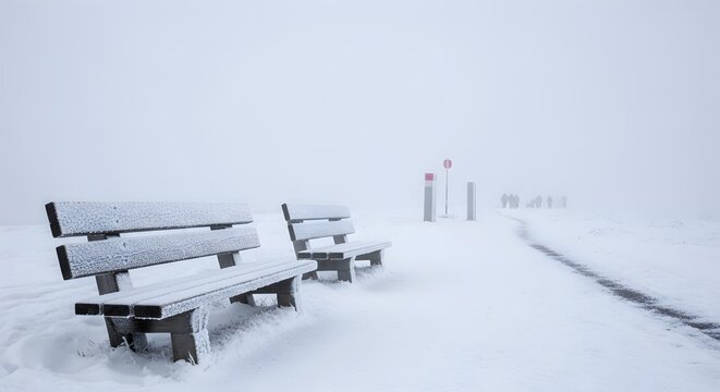 Snowy scene with two benches covered in white in a bleak winter landscape