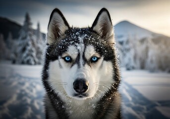 Majestic siberian husky with striking blue eyes in a snowy winter landscape with snow on its fur