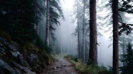 Fototapeta premium A misty forest path winds through tall atmospheric pine trees