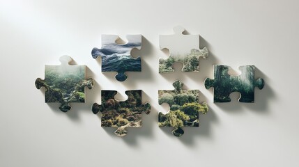 Puzzle Pieces Come Together Serene Nature Scene of Forest, Ocean, and Light for Wall Art