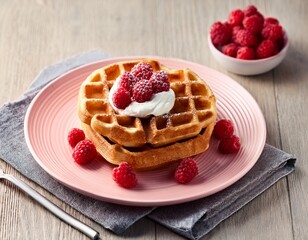 Traditional round belgian waffles on a pale pink plate with fresh raspberries and cream on gray napkin on wooden table. Generated image