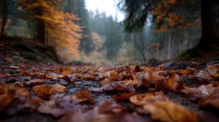 Obraz premium A low angle view of a forest path carpeted with damp fallen autumn leaves in shades of brown and orange with blurred trees in the background
