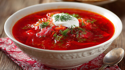 Traditional Ukrainian borsch with sour cream and fresh herbs &mdash; homemade hearty beetroot soup in rustic clay bowl