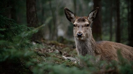 A cautious deer emerges from the dense forest observing its surroundings with alert eyes amid lush greenery