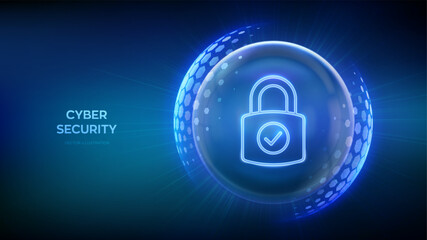 Cyber security. Data protection concept. Network safety. Information privacy. Padlock with Check mark icon inside transparent sphere shield with hexagon pattern on blue background. Vector illustration