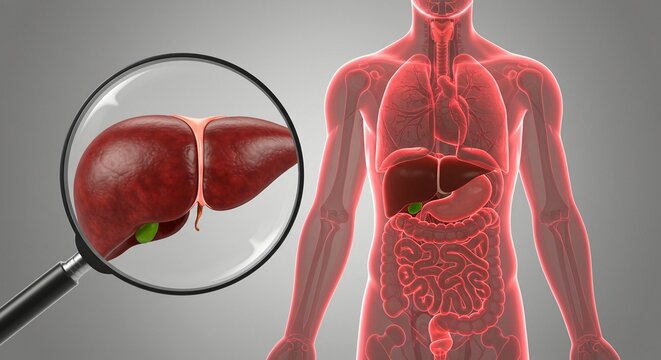 Anatomical illustration showcasing the human liver and digestive system, highlighted under a magnifying glass.