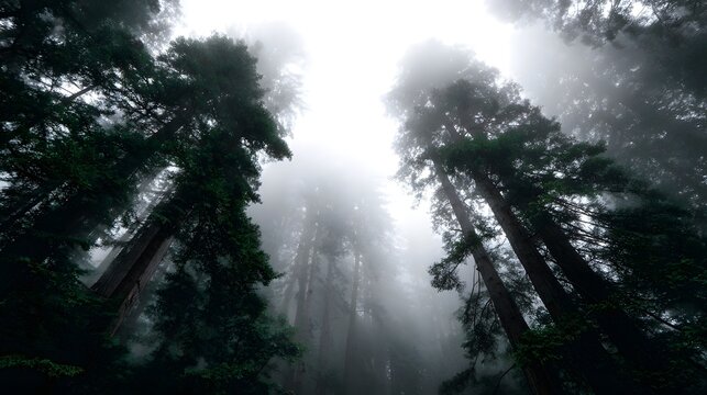 A low angle view of towering redwood trees ascending into a dense foggy sky creating a serene and majestic forest atmosphere
