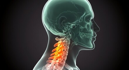 Medical illustration showing a human skull and spine with inflammation in the cervical region, neck pain. Sciatica, herniated disk.