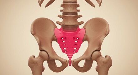 A 3D anatomical representation of the human pelvis, highlighting the sacrum in bright pink against a beige background.