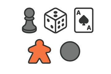Essential gaming components including chess pawn, six-sided die, ace of spades, and player tokens
