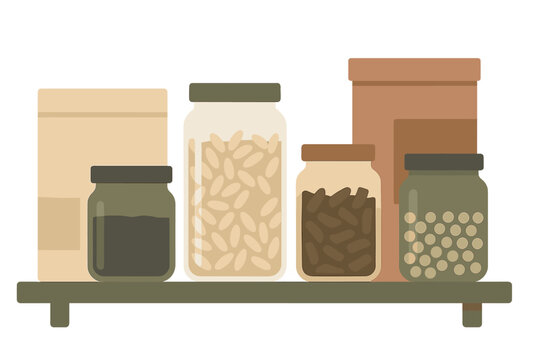 Reusable glass jars and paper containers filled with dry bulk food items stored on a kitchen shelf