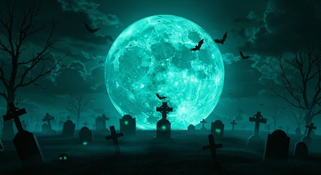Eerie graveyard illuminated by a vibrant moon and bats flying over tombstones in a blue spooky scene. Great for seasonal background