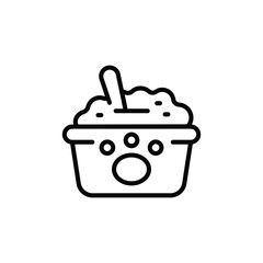A black and white line drawing of a bowl of food with a spoon in it The bowl has decorative circles