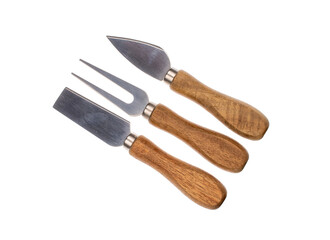 Cheese knife and fork isolated on white background, close-up.