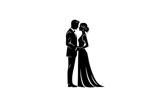 Silueta de una pareja romantica: hombre y mujer uno frente al otro, vista de perfil, rom&aacute;ntico, elegante, blanco y negro, dise&ntilde;o minimalista, ilustraci&oacute;n vectorial. 
