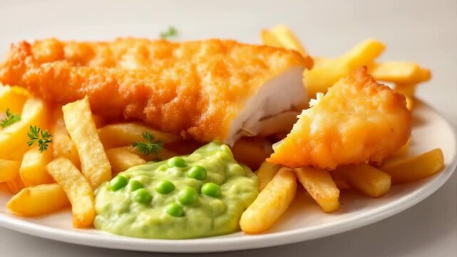 Golden Fried Fish Fillet and Crispy French Fries Served with Mushy Peas Garnish with Parsley on White Plate in Studio Lighting
