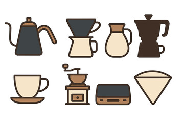 Obraz premium Set of manual coffee brewing tools including kettle, grinder, dripper, Moka pot, and scale