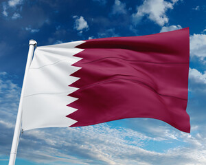 national flag of Qatar waving in the wind against a clear blue sky, symbolizing national pride, unity, and the country’s heritage, culture, and progress across the Arabian Gulf.