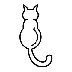 A black line drawing of a cat from behind The cat has a curved tail and pointed ears