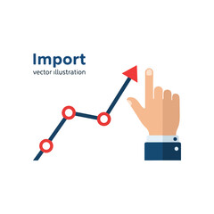 Import vector illustration of a rising graph with red markers and an upward arrow pointing towards a hand