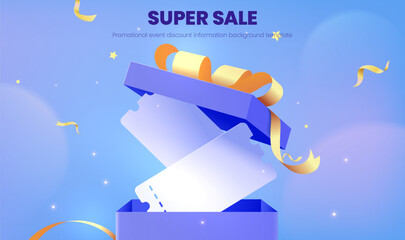 Horizontal super promotion discount blue purple background template opens the gift box