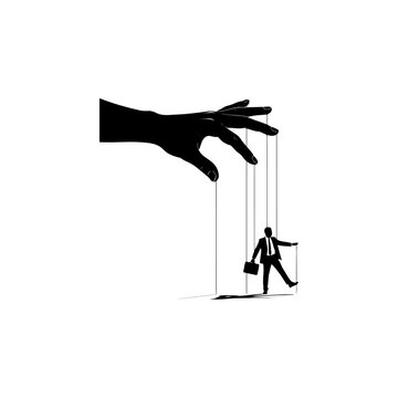 Silhouette of a businessman puppet controlled by a giant hand, symbolizing manipulation and control in the corporate world.