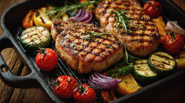 Juicy pork chops sizzling on a grill, topped with a flavorful glaze and served with a side of fresh vegetables and crispy potato wedges.