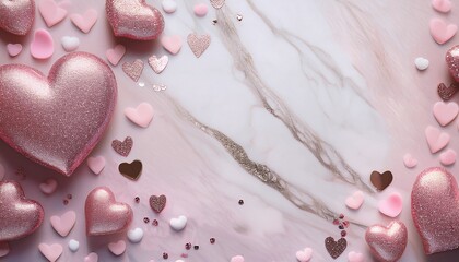 Love concept background. Pale pink marble hearts on pastel pink marble background with pink glitters and central copy space. Generated image