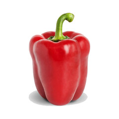 A vibrant ripe red bell pepper with a glossy sheen and a bright green stem stands out against a stark black background