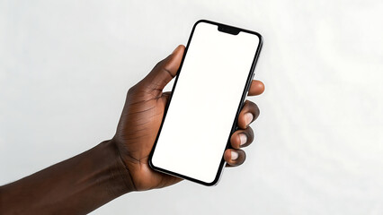 Hand holding a smartphone with a blank screen isolated on white background