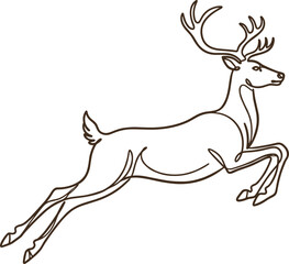 Leaping deer line drawing with antlers, elegant wildlife silhouette illustration, festive reindeer artwork, cad drawing flat vector design
