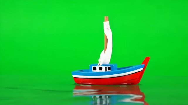 Colorful miniature boat model on bright green background for creative design