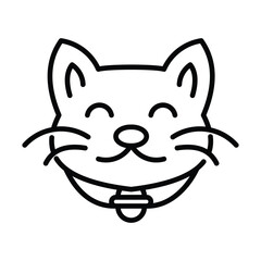 A black line drawing of a cats head with large eyes whiskers and a collar