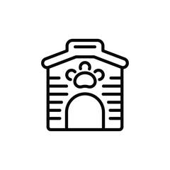 A black line drawing of a doghouse The structure has a peaked roof an arched doorway and horizontal lines A paw print is in the center
