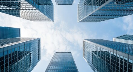 Fototapeta premium Modern glass skyscrapers rising toward blue sky in urban cityscape