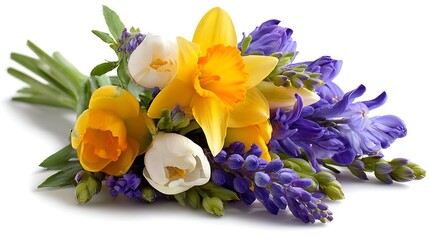 A beautiful spring bouquet of colorful daffodils, tulips, and hyacinths lying on a clean white background.