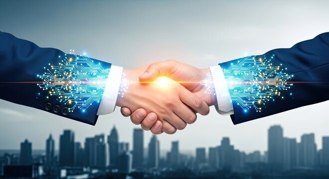 Digital technology partnership handshake with glowing circuits and city skyline