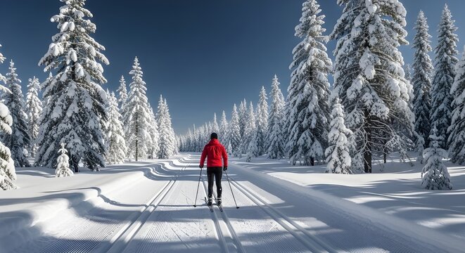 Lone skier in a vibrant red jacket traverses a snowy forest path with tall snow covered pine trees under a clear blue sky