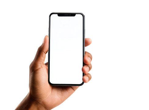 Hand holding smartphone mockup with blank white screen isolated on white background for mobile phone ui app or website design in hands front view.
