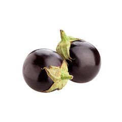 Two glossy ripe dark purple eggplants with vibrant green stems are artfully arranged against a stark black background