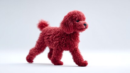 A red toy poodle dog walks confidently from the side, its fluffy coat bouncing with each step as it confidently moves across a white background.